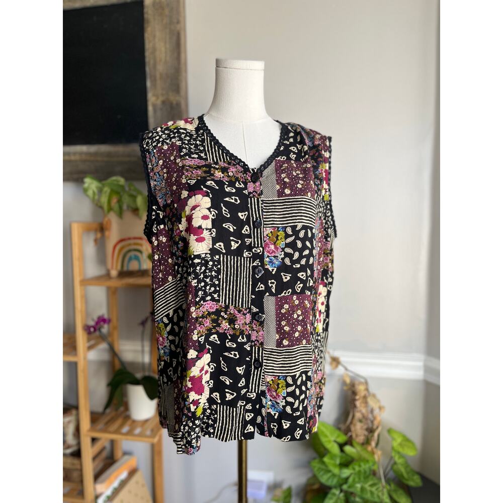 Vintage 90s Patchwork Sleeveless Blouse Floral Geometric Button Down Size XL
